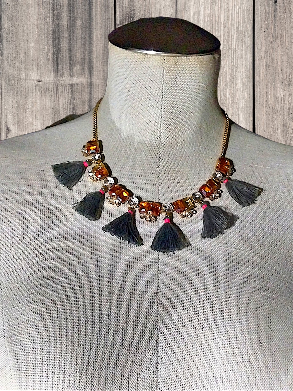 Statement Tassel Necklace with Amber Crystals -